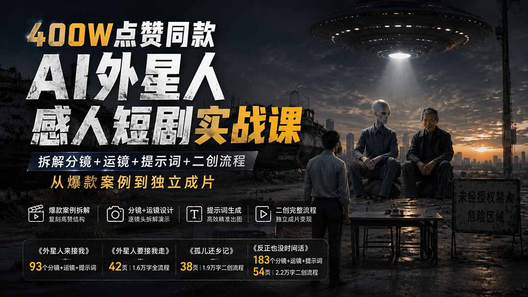 400W点赞同款AI外星人感人短剧实战课：拆解分镜+运镜+提示词+二创流程，从爆款案例到独立成片-梦清研习社