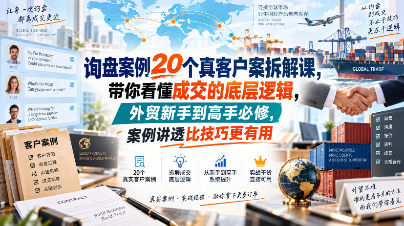询盘案例20个真客户案拆解课，带你看懂成交的底层逻辑，外贸新手到高手必修，案例讲透比技巧更有用-梦清研习社