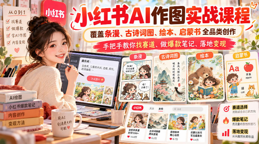 小红书AI作图实战课程，覆盖条漫、古诗词图、绘本、启蒙书全品类创作，手把手教你找赛道、做爆款笔记、落地变现(更新1009)-梦清研习社