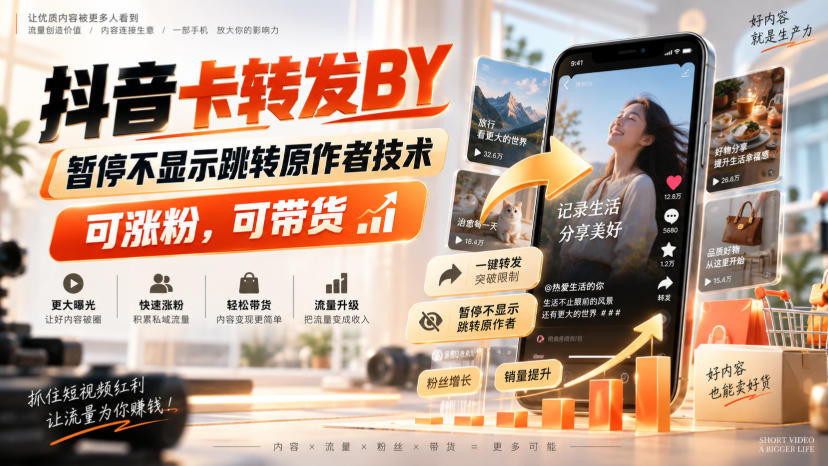 抖音卡转发搬运，暂停不显示跳转原作者技术，可涨粉，可带货-梦清研习社
