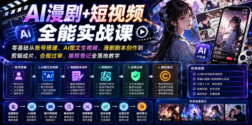 AI漫剧+短视频全能实战课｜零基础从账号搭建、AI图文生视频、漫剧剧本创作到剪辑成片、合规过审、版权登记全落地教学-梦清研习社