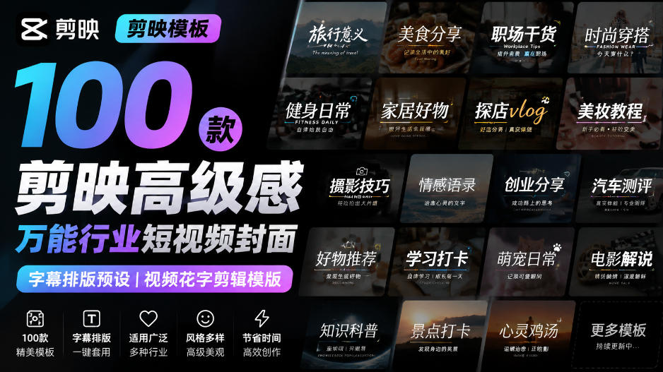 【剪映模板】100款剪映高级感万能行业短视频封面字幕排版预设视频花字剪辑模版-梦清研习社