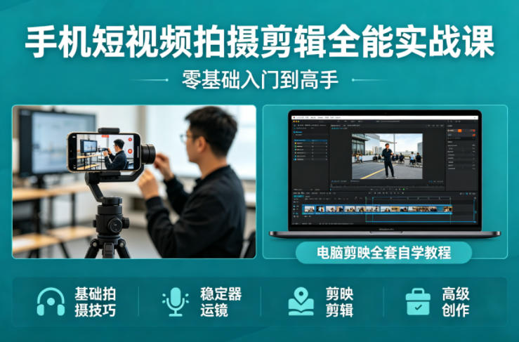 手机短视频拍摄剪辑全能实战课：零基础入门到高手，稳定器运镜+电脑剪映全套自学教程-梦清研习社