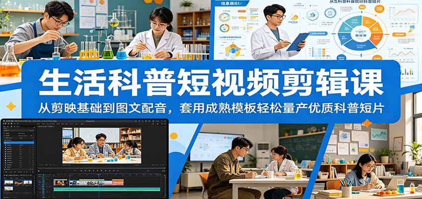 生活科普短视频剪辑课：从剪映基础到图文配音，套用成熟模板轻松量产优质科普短片-梦清研习社