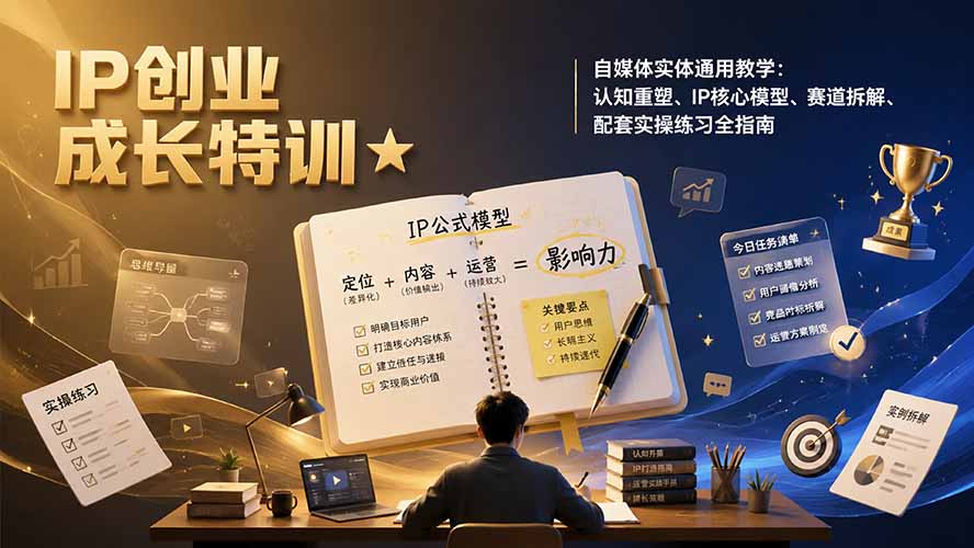 IP创业成长特训★自媒体实体通用教学：认知重塑、IP核心模型、赛道拆解、配套实操练习全指南-梦清研习社