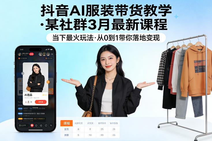 抖音AI服装带货教学，某社群3月最新课程，当下最火玩法，从0到1带你落地变现-梦清研习社