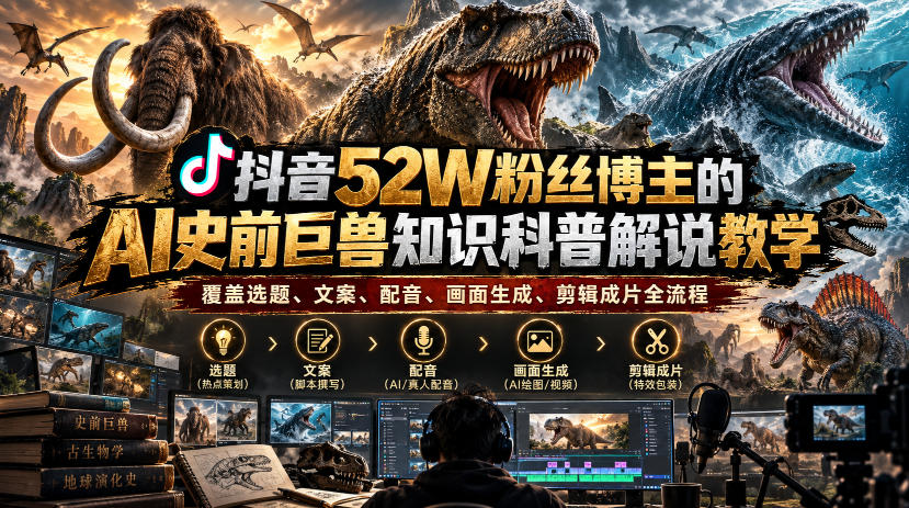 抖音52W粉丝博主的AI史前巨兽知识科普解说教学,覆盖选题、文案、配音、画面生成、剪辑成片全流程-梦清研习社