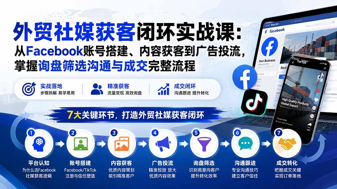 外贸社媒获客闭环实战课：从Facebook账号搭建、内容获客到广告投流，掌握询盘筛选沟通与成交完整流程-梦清研习社