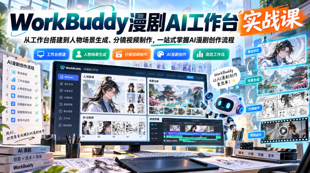 WorkBuddy漫剧AI工作台实战课：从工作台搭建到人物场景生成、分镜视频制作，一站式掌握AI漫剧创作流程-梦清研习社