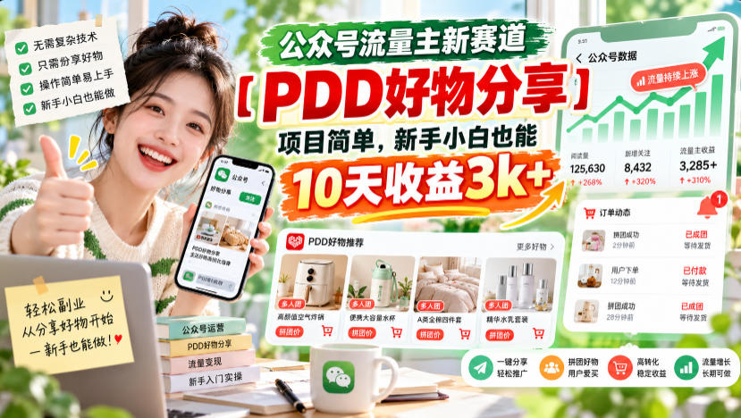 公众号流量主新赛道【PDD好物分享】，项目简单，新手小白也能10天收益3k+-梦清研习社