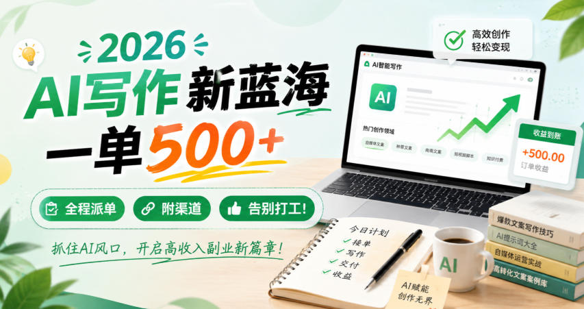 2026 AI写作新蓝海，一单500+，全程派单，附渠道，告别打工！【揭秘】-梦清研习社