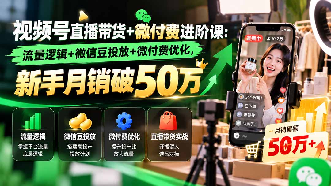 视频号直播带货+微付费进阶课-更新1010:流量逻辑+微信豆投放+微付费优化,新手月销破50万-梦清研习社