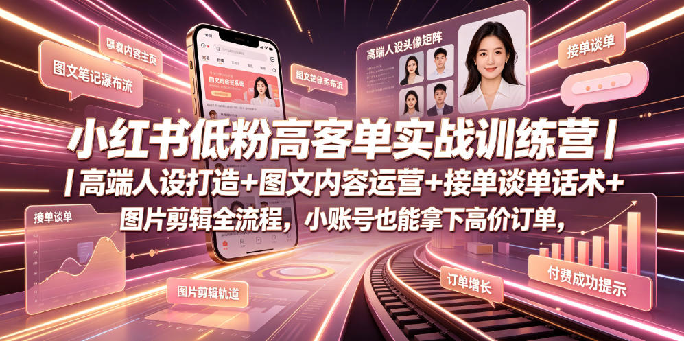 小红书低粉高客单实战训练营｜高端人设打造+图文内容运营+接单谈单话术+图片剪辑全流程，小账号也能拿下高价订单-梦清研习社