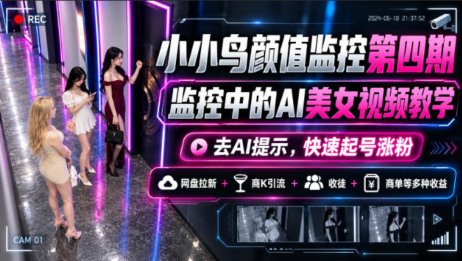 小小鸟颜值监控第四期，监控中的AI美女视频教学，去AI提示，快速起号涨粉，网盘拉新+商K引流+收徒+商单等多种收益-梦清研习社