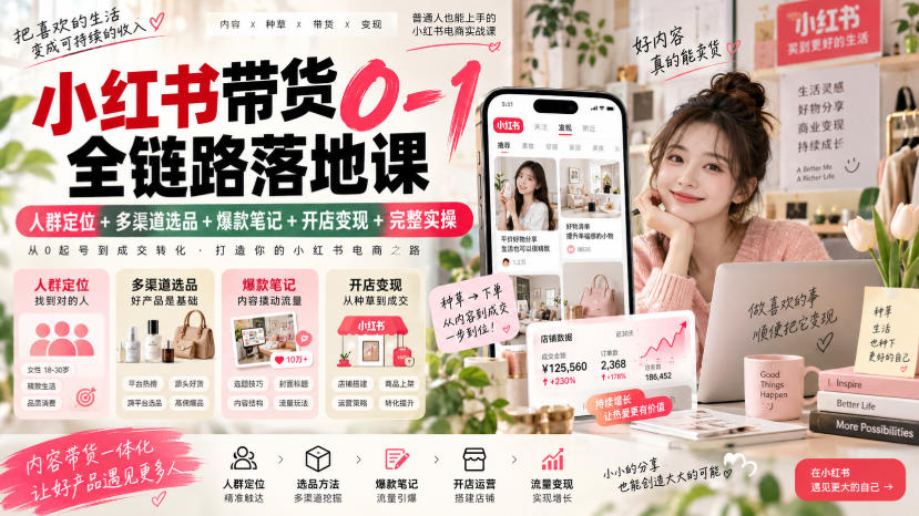小红书带货0-1全链路落地课｜人群定位+多渠道选品+爆款笔记+开店变现完整实操-梦清研习社