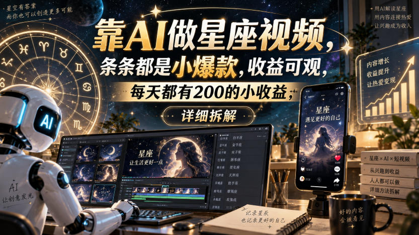 靠AI做星座视频，条条都是小爆款，收益可观，每天都有200的小收益，详细拆解-梦清研习社