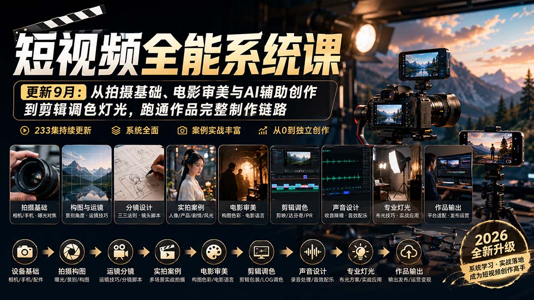 短视频全能系统课-更新8月233集：从拍摄基础、电影审美与AI辅助创作到剪辑调色灯光，跑通作品完整制作链路-梦清研习社