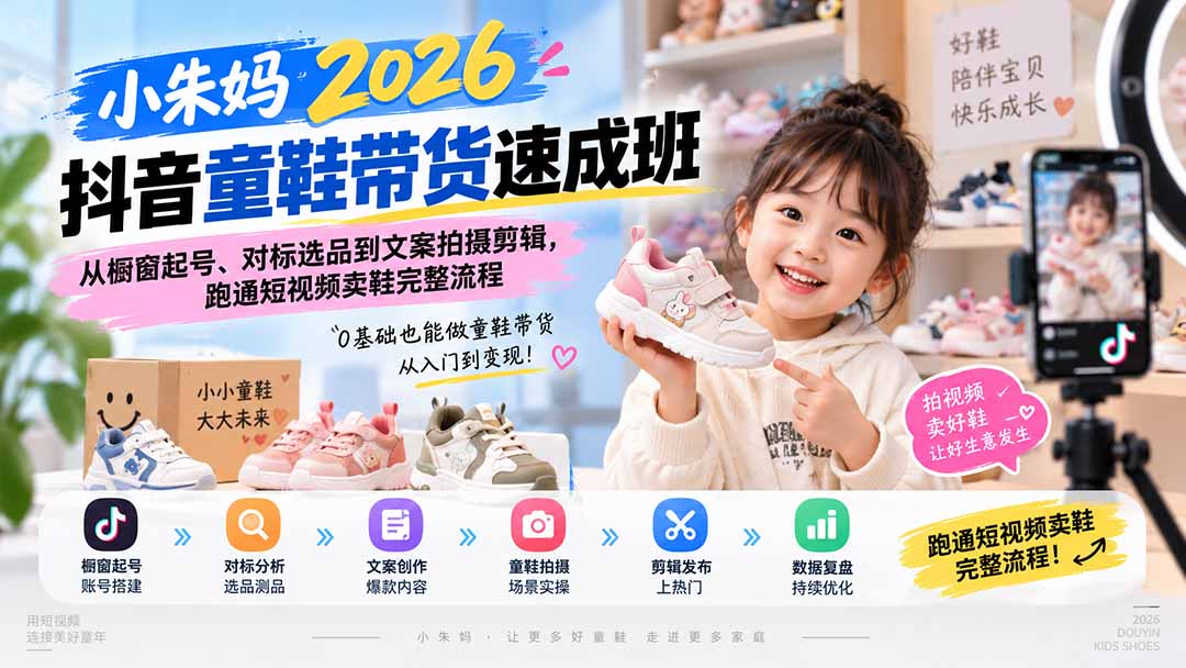 小朱妈2026抖音童鞋带货速成班：从橱窗起号、对标选品到文案拍摄剪辑，跑通短视频卖鞋完整流程-梦清研习社