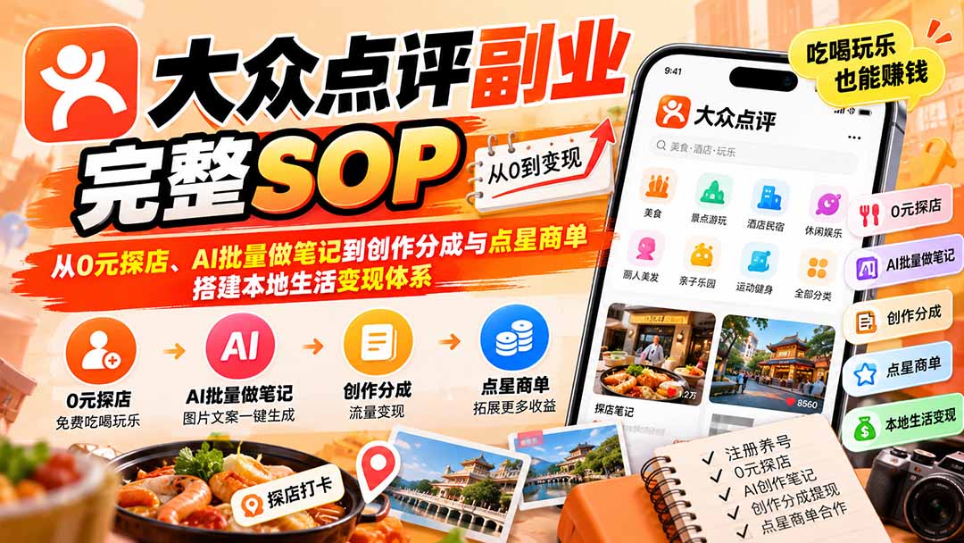 【无水印】大众点评副业完整SOP：从0元探店、AI批量做笔记到创作分成与点星商单，搭建本地生活变现体系-梦清研习社
