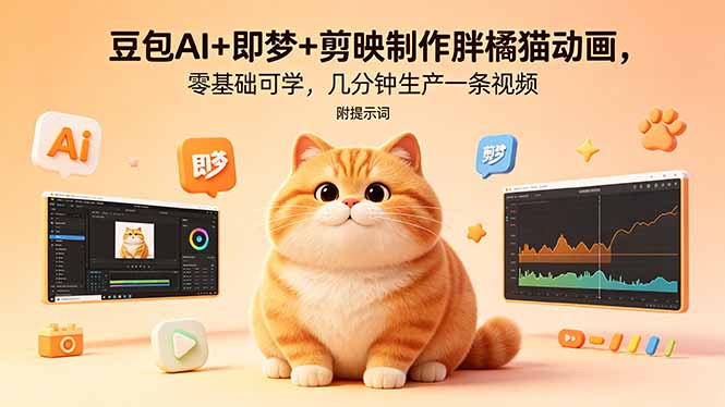 豆包AI+即梦+剪映制作胖橘猫动画，零基础可学，几分钟生产一条视频，附提示词-梦清研习社