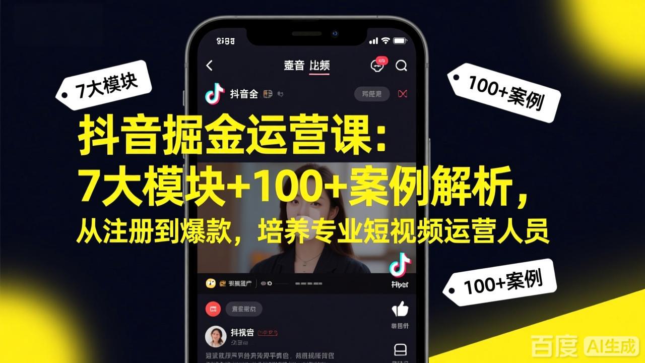 抖音掘金运营课：7大模块+100+案例解析，从注册到爆款，培养专业短视频运营人员-梦清研习社
