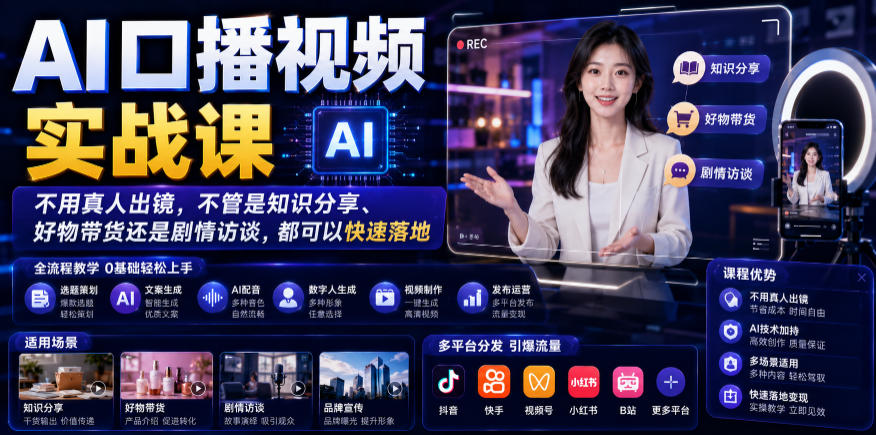 AI口播视频实战课，不用真人出镜，不管是知识分享、好物带货还是剧情访谈，都可以快速落地-梦清研习社