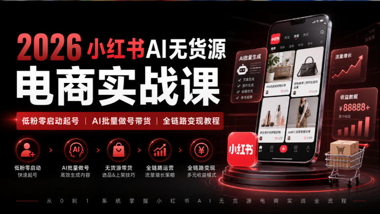 2026小红书AI无货源电商实战课｜低粉零启动起号｜AI批量做号带货全链路变现教程-梦清研习社