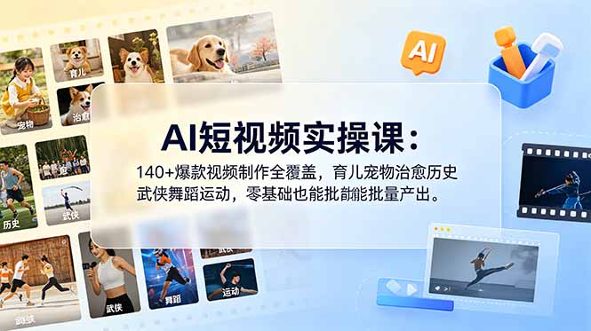 AI短视频实操课：140+爆款视频制作全覆盖，育儿宠物治愈历史武侠舞蹈运动，零基础也能批量产出-梦清研习社