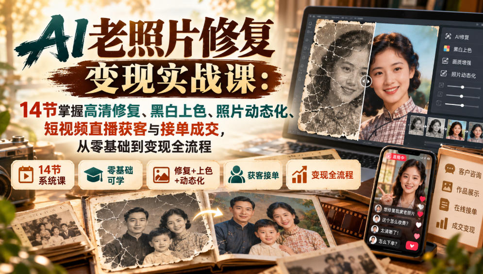AI老照片修复变现实战课：14节掌握高清修复、黑白上色、照片动态化、短视频直播获客与接单成交，从零基础到变现全流程-梦清研习社