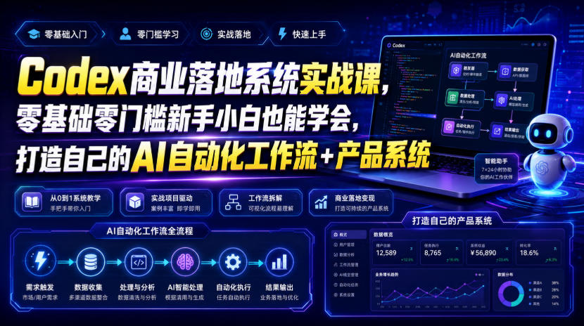 Codex商业落地系统实战课,零基础零门槛新手小白也能学会,打造自己的AI自动化工作流+产品系统-梦清研习社