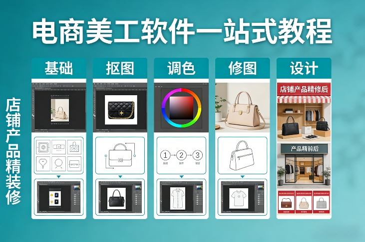 电商美工软件一站式教程，基础/抠图/调色/修图/设计，店铺产品精装修-梦清研习社