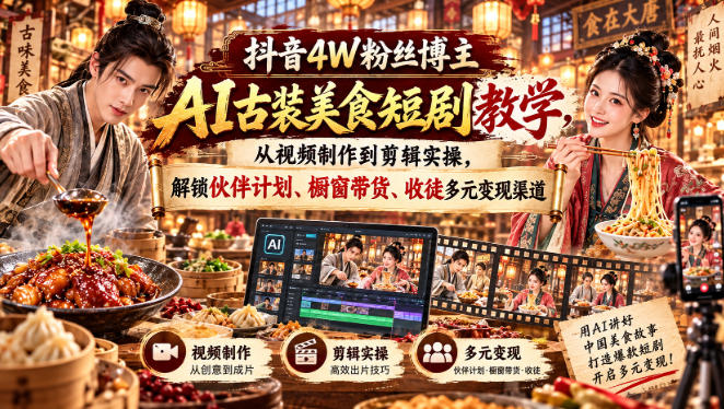 抖音4W粉丝博主AI古装美食短剧教学，从视频制作到剪辑实操，解锁伙伴计划、橱窗带货、收徒多元变现渠道-梦清研习社