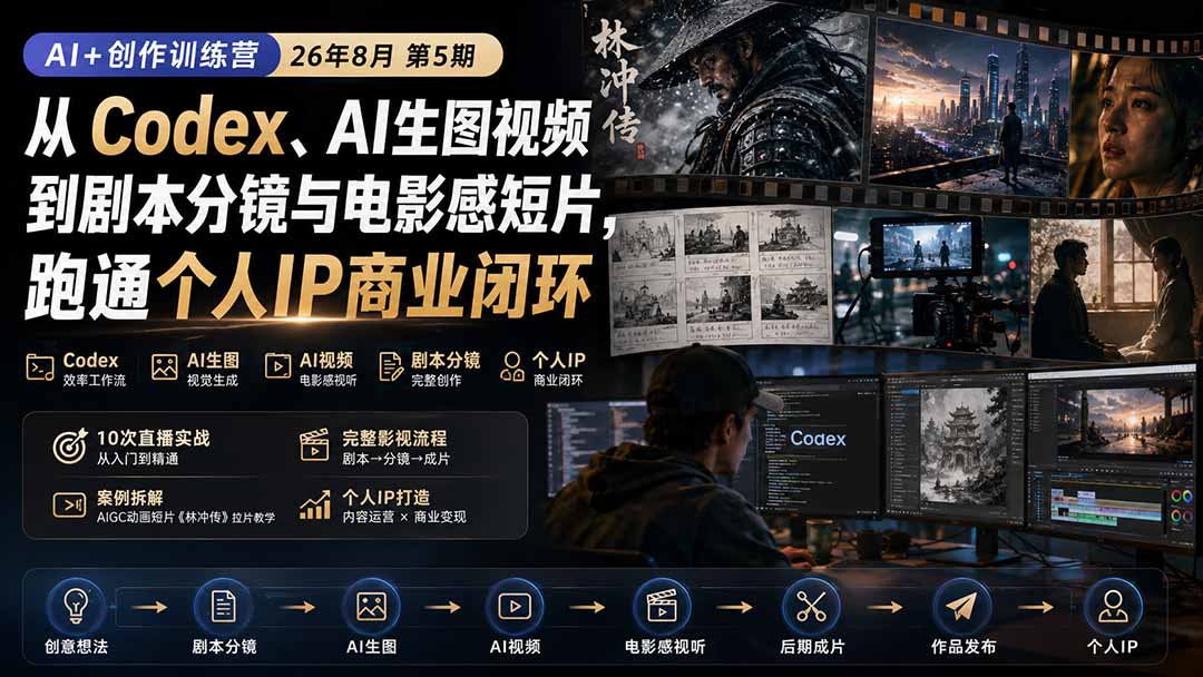 AI+创作训练营26年8月第5期：从Codex、AI生图视频到剧本分镜与电影感短片，跑通个人IP商业闭环-梦清研习社
