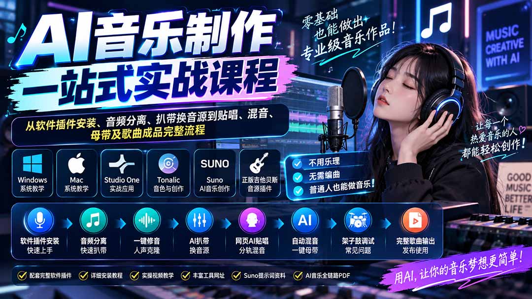 AI音乐制作一站式实战课程：从软件插件安装、音频分离、扒带换音源到贴唱、混音、母带及歌曲成品完整流程-梦清研习社
