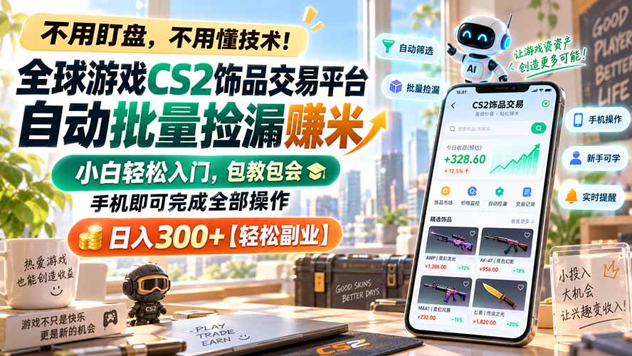 全球游戏CS2饰品交易平台自动批量捡漏赚米，小白轻松入门，包教包会，手机即可完成全部操作，日入300+【轻松副业】-梦清研习社