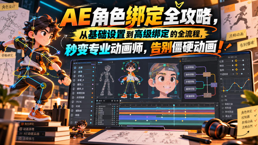 【无水印】AE角色绑定全攻略，从基础设置到高级绑定的全流程，秒变专业动画师，告别僵硬动画！【原创双语字幕】-梦清研习社