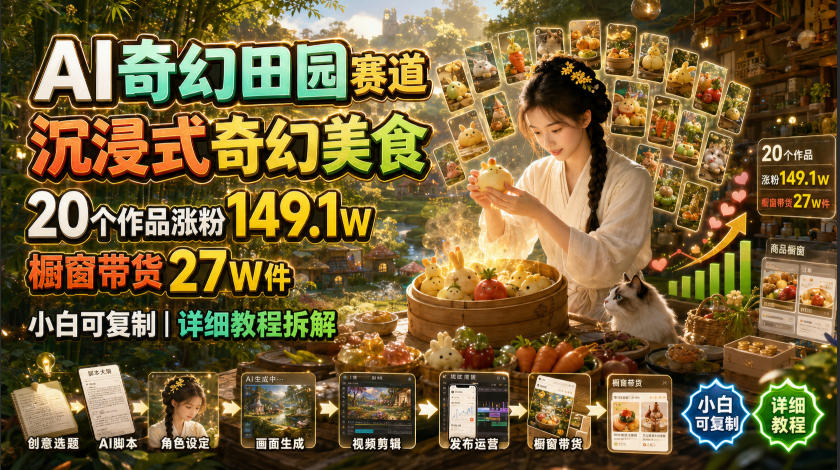 AI奇幻田园赛道，沉浸式奇幻美食，20个作品涨粉149.1W，橱窗带货27W件，小白可复制，详细教程拆解-梦清研习社