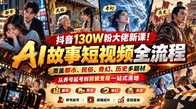抖音130W粉大佬新课！AI故事短视频全流程，覆盖都市、民俗、奇幻、历史多题材，从养号起号到剪辑变现一站式落地-梦清研习社
