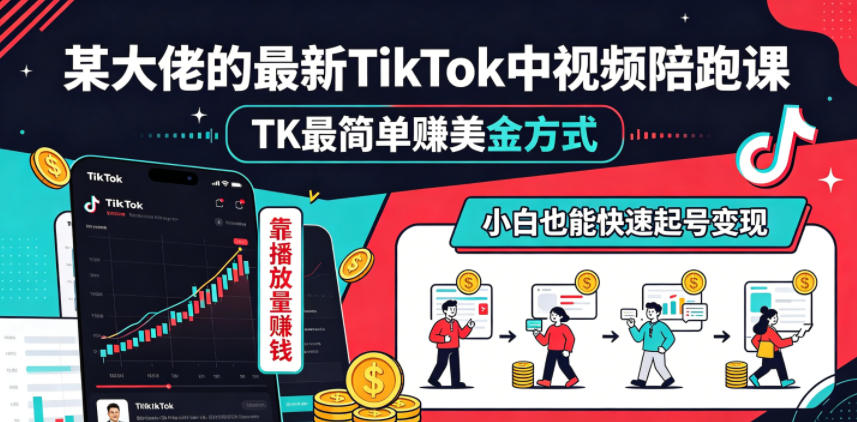 某大佬的最新TikTok中视频陪跑课，TK最简单賺美金方式，靠播放量賺钱，小白也能快速起号变现-梦清研习社
