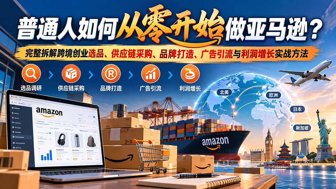 普通人如何从零开始做亚马逊？完整拆解跨境创业选品、供应链采购、品牌打造、广告引流与利润增长实战方法-梦清研习社