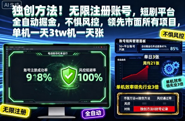 独创方法！无限注册账号，短剧平台全自动掘金，不惧风控，领先市面所有项目，单机一天3张【揭秘】-梦清研习社