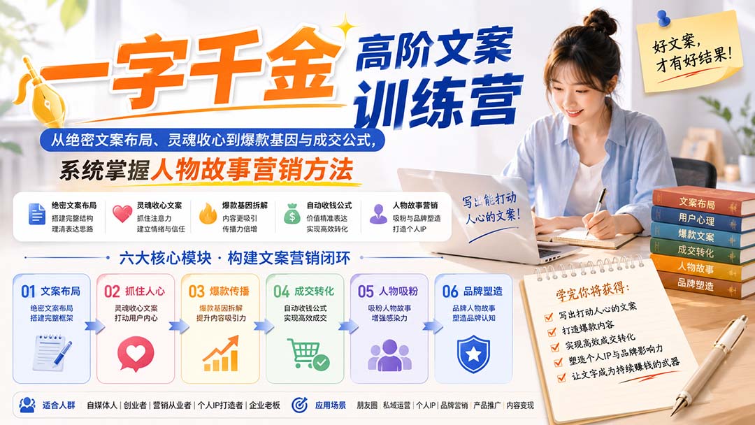 一字千金高阶文案训练营：从绝密文案布局、灵魂收心到爆款基因与成交公式，系统掌握人物故事营销方法-梦清研习社