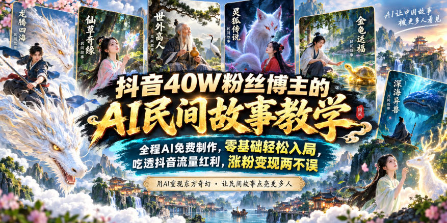 抖音40W粉丝博主的AI民间故事教学，全程AI免费制作，零基础轻松入局，吃透抖音流量红利，涨粉变现两不误-梦清研习社
