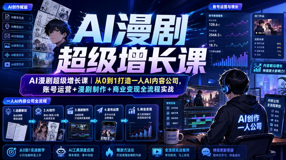 AI漫剧超级增长课｜从0到1打造一人AI内容公司，账号运营+漫剧制作+商业变现全流程实战-梦清研习社