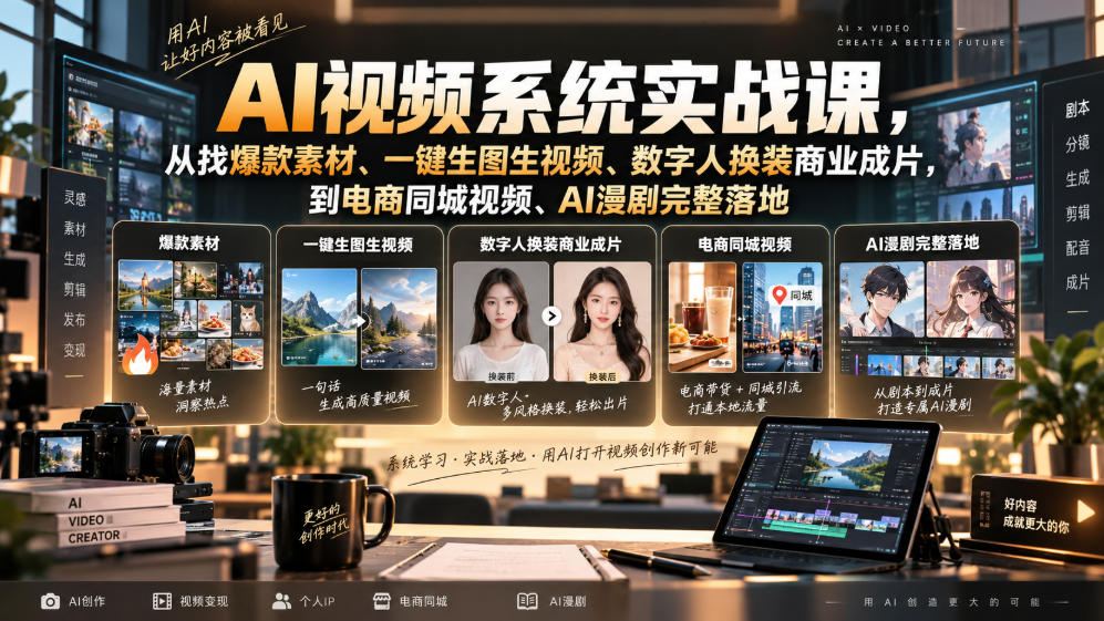 AI视频系统实战课，从找爆款素材、一键生图生视频、数字人换装商业成片，到电商同城视频、AI漫剧完整落地-梦清研习社