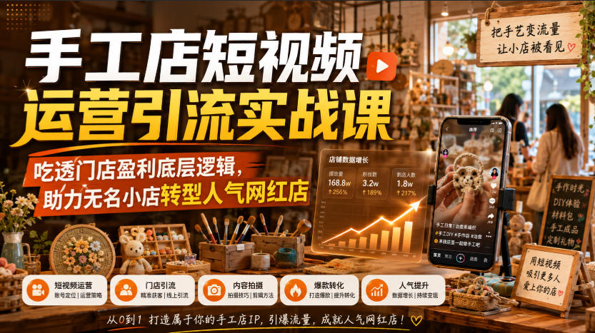 手工店短视频运营引流实战课，吃透门店盈利底层逻辑，助力无名小店转型人气网红店-梦清研习社