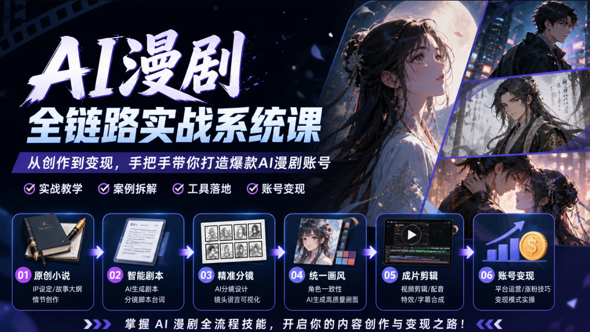 AI漫剧全链路实战系统课｜原创小说、智能剧本、精准分镜、统一画风、成片剪辑、账号变现实操教学(更新1018)-梦清研习社