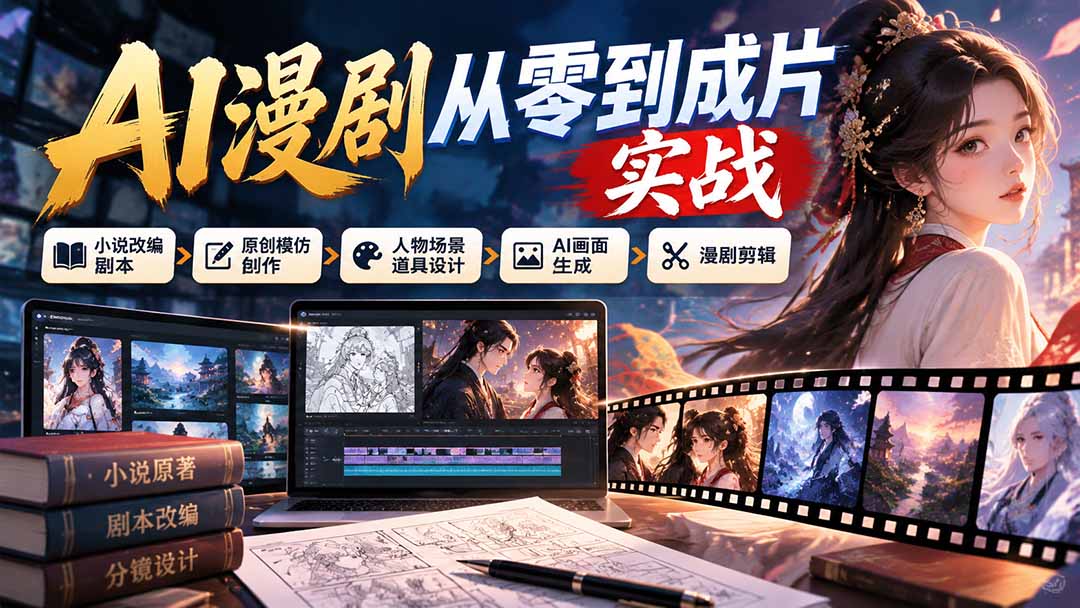 AI漫剧从零到成片实战：小说改编剧本、原创模仿创作、人物场景道具设计、AI画面生成与漫剧剪辑-梦清研习社