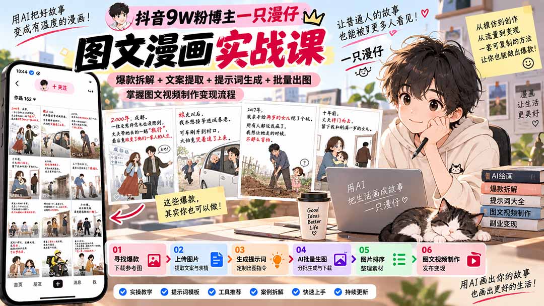 抖音9W粉博主一只漫仔图文漫画课：爆款拆解+文案提取+提示词生成+批量出图，掌握图文视频制作变现流程-梦清研习社