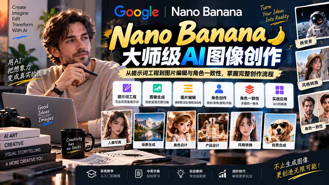 【无水印】Nano Banana大师级AI图像实战课：从提示词工程到图片编辑与角色一致性，掌握完整创作流程-梦清研习社